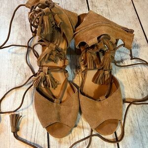 Joyfolie Tan Suede Tassel Heels